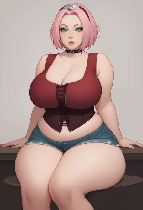 haruno sakura. short pale pink hair, large light green eyes, a large forehead, thin lips, huge saggy breasts. bbw. huge hips. ch...