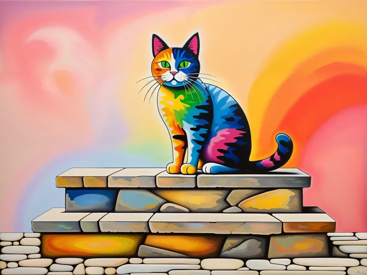 Stupid careless ren's creativity, ((Primitive multicolored Magic Cat on stone steps)) against a dirty gradient background, minimalism:1.3, the combination of ren's applications and oil painting, (modern art):1.4, surrealism:1.3, complete absurdity:1.5