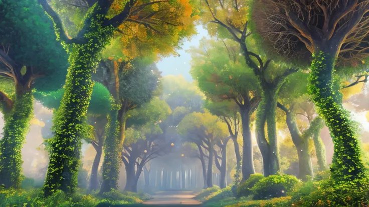 masterpiece, best quality, high quality,extremely detailed CG unity 8k wallpaper of tall trees with bubble leaves, colorful bushes and a lush undergrowth ,pastel