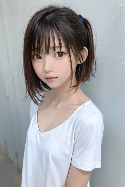 (masterpiece、Best Quality、 Super detailed description、 super high definition)、( Portrait Shooting :1.3)、 girl、solo、((small chest))、cute、 idol face、 simple white background、Stand with your back against a wall、front view、Crop-shirt