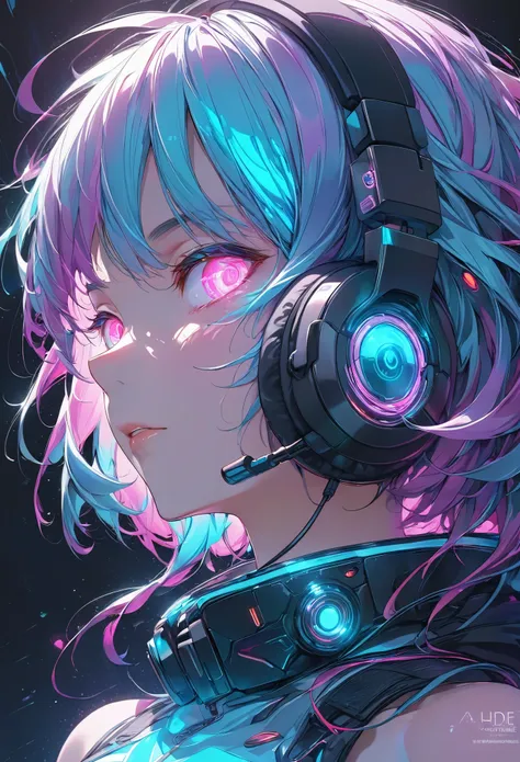 glowing eyes, colourful glowing hair, wearing headphone, anime style, high detail, futurism, glowing light, uhd, retina, masterp...