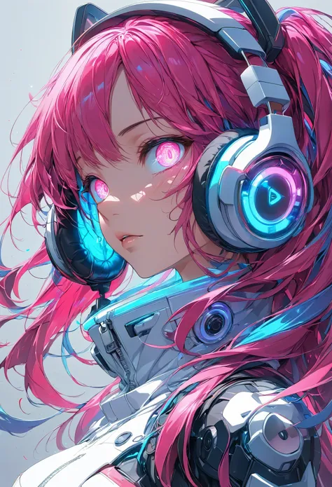 glowing eyes, colourful glowing hair, wearing headphone, anime style, high detail, futurism, glowing light, uhd, retina, masterp...