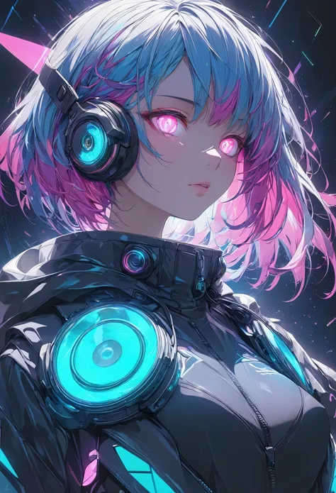 glowing eyes, colourful glowing hair, gradient hair, dj set, anime style, high detail, futurism, glowing light, uhd, retina, mas...