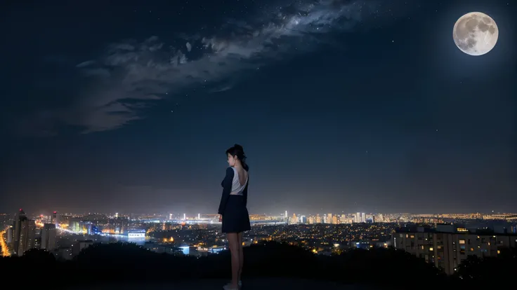  taken from the back side ,저녁 밤하늘의 별들과 흰 구름 섞여 보름달이 빛나고  You. She is watching the night view from a high park in the center of the city and .You., female (1 person、아름다운 female、)、(whole bodyを見せる)、(whole body, Standing thinking about that man while watching ...