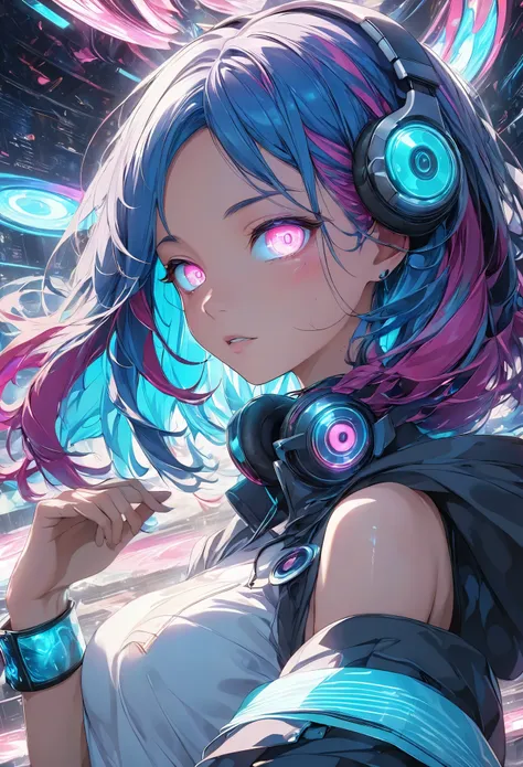 glowing eyes, colourful glowing hair, gradient hair, dj set, anime style, high detail, futurism, glowing light, uhd, retina, mas...