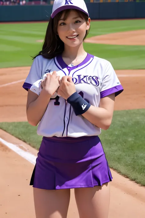 ((best quality)), ((masterpiece)), (detailed), 1girl,baseball player on baseball stadium,((clothed:1.1)),(colorado rockies unifo...