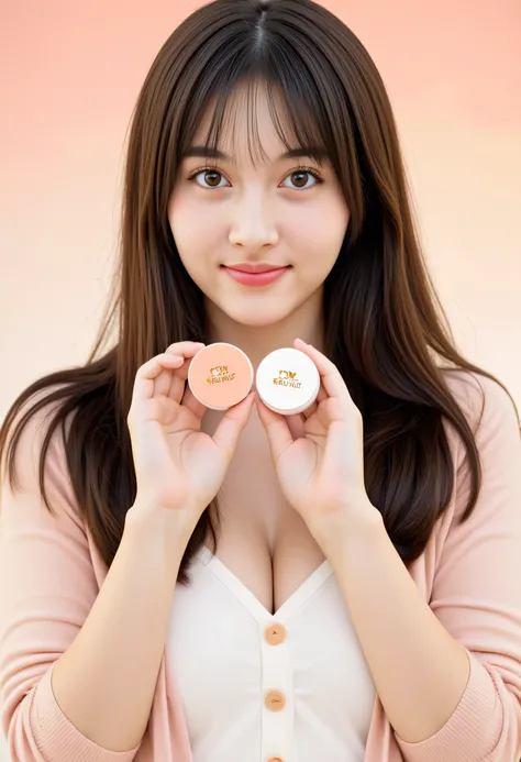 แจก prompt เผื่อใครปรับใช้กับสินค้าตัวเองครับ
Create an image featuring a cheerful, young Thai woman with fair skin, long dark hair, and a radiant smile. She is holding two round peach-colored cosmetic compacts with the brand name ‘kru Nut’ printed on them...