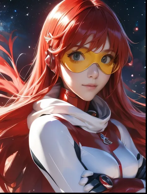 （（（ＳＦＷ、Precision、Highest quality、A first-class masterpiece、Normal body、8k、  Detailed Face 、Ultra-precision、 Normal hand、５refer to、Highest）））、 Aim for the Top 2、Nono、Buster Machine 7 、 red hair、 white and red bodysuit、hero muffler 、sport goggles、 outer spac...