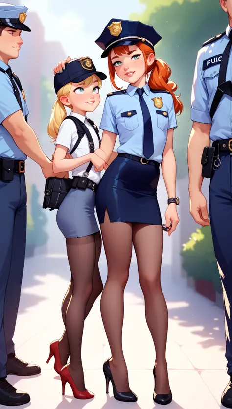 nsfw, masterpiece, highest quality, high resolution, very detailed, young face, mole, short height, police officer, hat, mini sk...