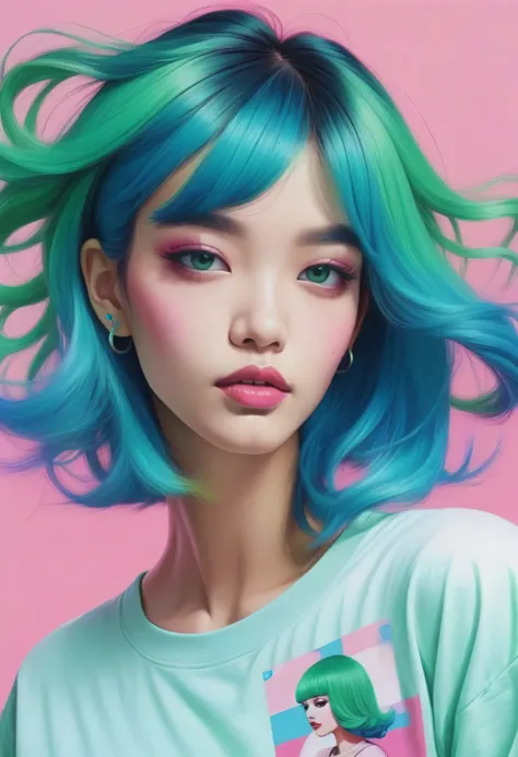 With a portrait of a beautiful woman、Green and blue hair、Pink and white background,  Digital Portrait , Ultra fine detailed painting,  pop art,  pop surrealism  , Synthwave T-shirt