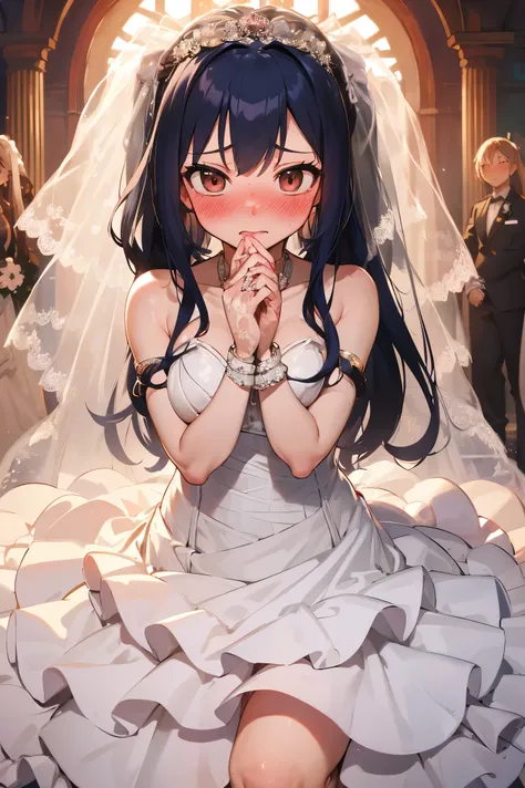 NSFW,masterpiece,Best Quality, Hi-Res, very detailed,Wendy(Fairy Tail), long hair、 twin tails、Hair accessories、( in her wedding dress :1.5)、Bracelet、 Bracelets,(Embarrassed:1.3),(blush:1.5),(I&#39;m nervous:1.5),church,cross