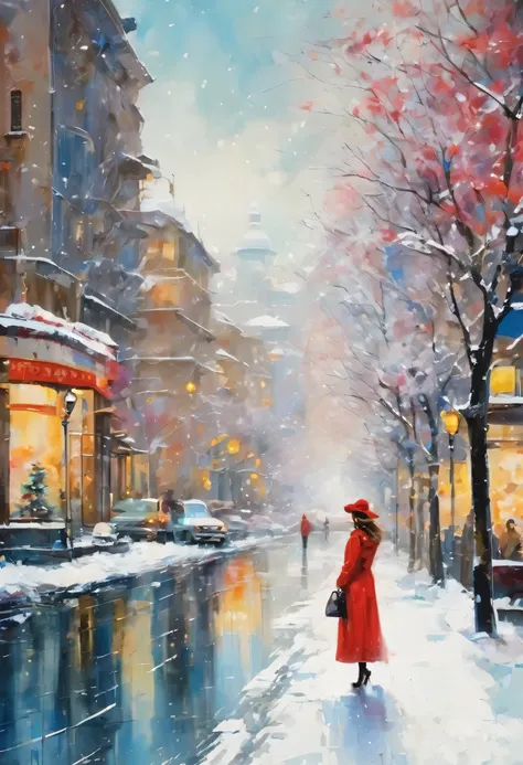  Terada Katsuyas Style,  Give the card to，Moniuss Art 、Girl waiting for her lover in a winter city、 Simple Line Acronyms，Abstract art，Urban Background, (((The most beautiful girl))), Lips in Love, walk, Colorful snow