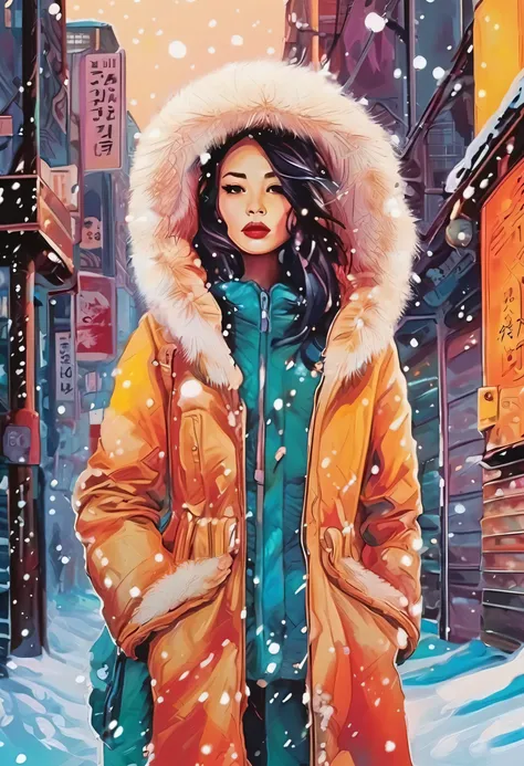  Terada Katsuyas Style,  Give the card to，Moniuss Art 、Double Exposure、Girl waiting for her lover in a winter city、 Simple Line Acronyms，Abstract art，Urban Background, (((The most beautiful girl))), Eyes in Love, walk, Colorful snow、Pop surrealism、