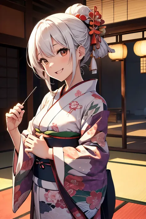    Japanese Women, Japanese-style room , upright posture ,kimono,COMPLETE ANATOMY ,Best Quality,On the futon,((( slightly brownish white hair, hair that reaches the shoulders ))), (((rotate,spread arms))),(((Spinning woman ,dancing))),(((Smiling face))),((...