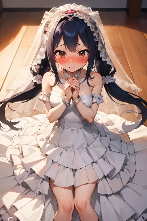 NSFW,masterpiece,Best Quality, Hi-Res, very detailed,Wendy(Fairy Tail), long hair、 twin tails,紺色の髪、Hair accessories、( in her wedding dress :1.5)、Bracelet、 Bracelets,(Embarrassed:1.3),(blush:1.5),(I&#39;m nervous:1.5),church,cross