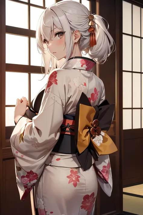  Japanese Women,back, from behind,Japanese-style room,upright posture,back, (((赤い生地に白の花柄模様のkimono))),kimono,  pleasant expression , COMPLETE ANATOMY ,Best Quality,On the futon, from behind Show me a nice touch on the chest  , can be hugged , Show me a nice...