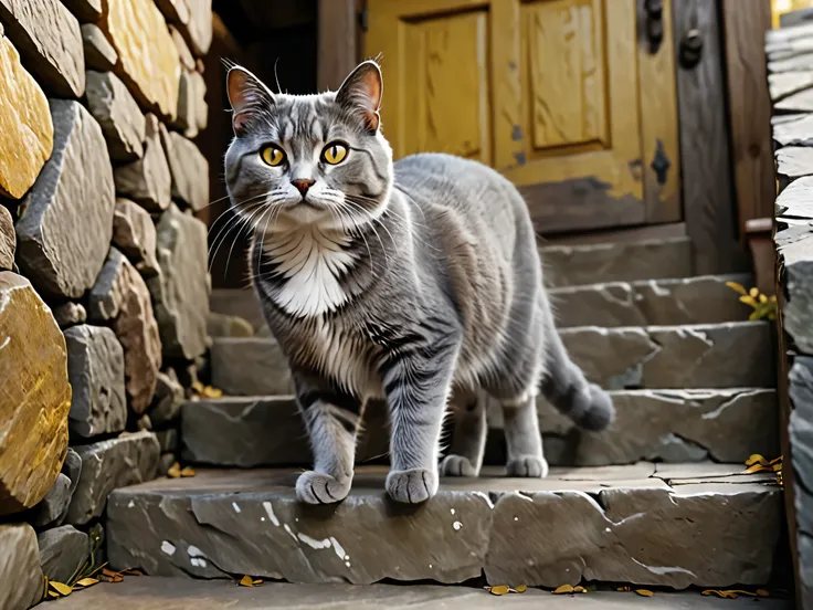 A gray cat with a white belly, paw tips and tail is walking down a rustic spiral staircase with stone steps. Its eyes are yellow, its tail is raised and folds down at the end. Detailed fur texture. Realistic, 8k ultra detailed