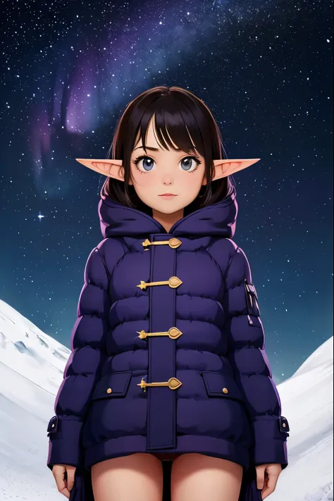  a very young girl ， short stature ，baby face， Elf Ears，is short，Hilly night sky，winter，winter colors, winter landscape,  starry sky ， aurora ，Sky color Prussian blue Cobalt blue Purple Cyan. Planet, Bright Star, meteor, Tree tops swaying in the wind, thre...