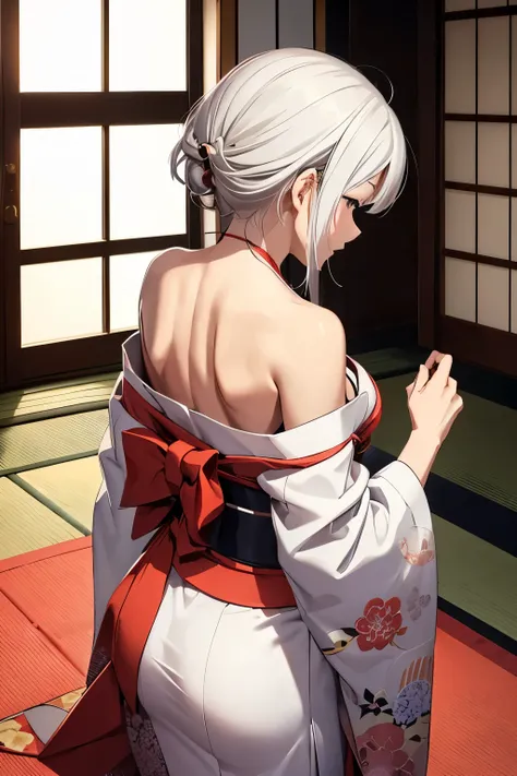    Japanese Women,  are touched from behind , Japanese-style room , upright posture ,kimono,   pleasant expression ,  COMPLETE ANATOMY ,Best Quality,On the futon, show a good touch to the chest from behind , ((( slightly brownish white hair, hair that reac...