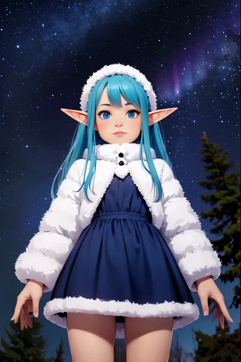 a very young girl ， short stature ， fisheye lens ，baby face，elf ears，is short，hilly night sky，winter，winter colors, winter lands...