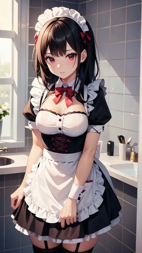 8k high resolution (Super detailed), masterpiece, (Best Quality)　 Anime Illustration 　 detailed eyes on board,  detailed face　 detailed hands　Fine hair　 very elaborate body、 fine skin 　 1 girl 　(maid)　 very long hair　Braided Hair　 twin tails　 Red Eyes　Butt...