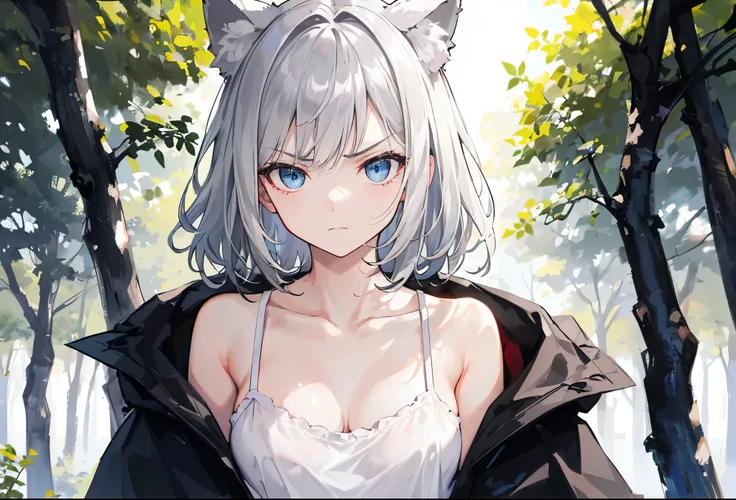 (annoyed, exasperated, sighing, glaring:0.8, serious), 1 girl, (upper body), (looking viewer), silver-grey wolf_ears, deep blue eyes, sharp face, (athletic_build, soft clean skin, medium breast, neck, collarbone), (silver-grey hair, medium hair, disheveled...