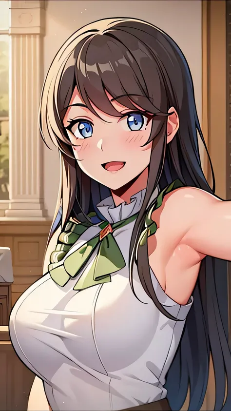 
quality, masterpiece, highly detailed, 8k, masterpiece, tilly wimbledon, sleeveless, 1girl, smile, open mouth, blush, detailed face, detailed eyes, medium breast, blue eyes, castle, armpit