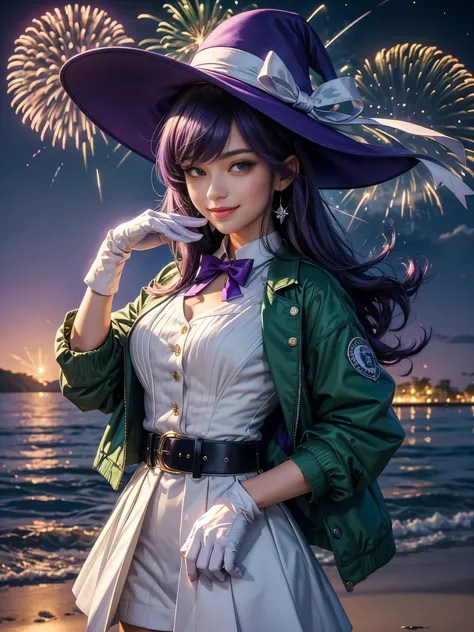 masterpiece, best quality, musse egret, purple hat, hairclip, green ribbon, purple jacket, white gloves, belt, purple miniskirt, upper body, blushing, smile, looking at viewer, beach, night, moon, fireworks, hands to chest