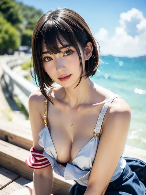  1 girl、top-quality、Realistic、solo、 faces with a depth of writing 、 Natural Soft Light、Daytime、 charming、 Beautiful Faces 、Cleanliness、Pure Face、white skinned、Cute、 short hair、Bans、 beach 、Sunshine、 nedium breasted body esbian 、(( beautiful face with golde...