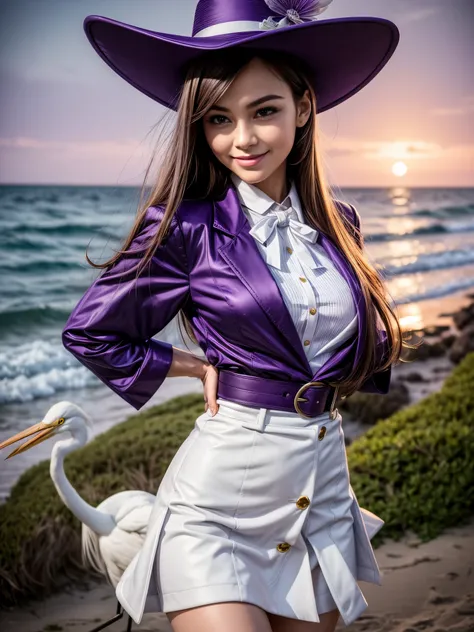 masterpiece, best quality, musse egret, purple hat, hairclip, green ribbon, purple jacket, white gloves, belt, purple miniskirt, upper body, blushing, smile, looking at viewer, beach, night, moon, fireworks, hands to chest