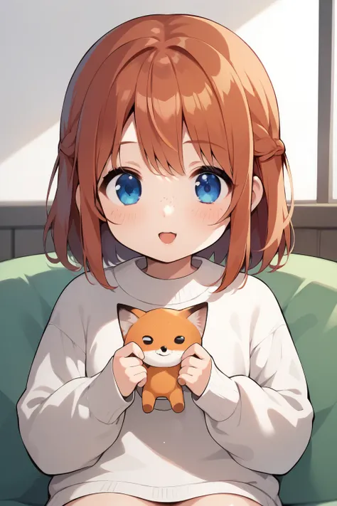  score_9,  score_8_up,  score_7_up, Anime BREAK，High image quality， a very young girl ， short stature ， toddler figure ， cute anime with blue eyes , Freckles, Redhead and fox sweater :1.3，