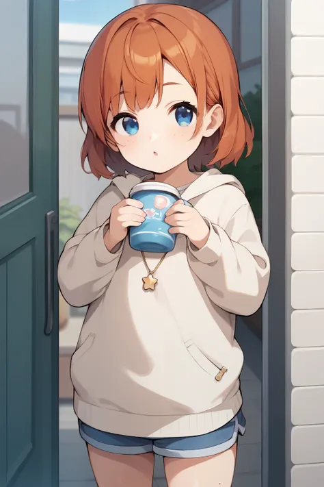  score_9,  score_8_up,  score_7_up, Anime BREAK，High image quality， a very young girl ， short stature ， toddler figure ， cute anime with blue eyes , Freckles, Redhead and fox sweater :1.3，