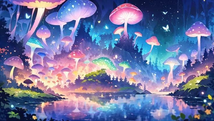 Watercolor landscape painting，(best quality,4K,8k,high resolution,masterpiece:1.2),Super detailed,(Watercolor landscape painting：1.5),giant Bioluminescence mushrooms,Magical Mushroom Forest,Butterfly,firefly,Colorful vibrant mushrooms,forest atmosphere,Lus...