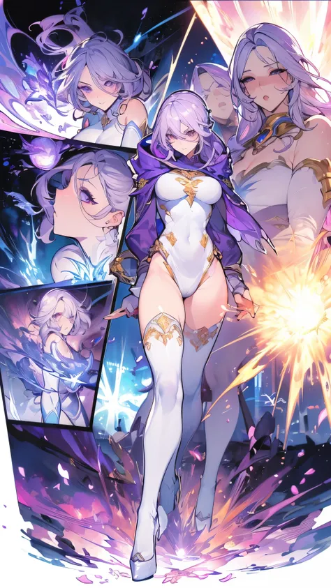 ((masterpiece，  best quality))， Thunder Elemental Magician ， pure white background，lightning，Lightning Ball ， detailed facial，whole body，High heel， Perfect Body Proportion ， sparkling eyes ，Sexy，purple and golden，hoodie， petals falling，Extremely beautiful，...