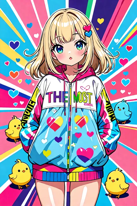  hyperrealism, Simple Line Acronym，Abstract art，Miyake Issei Style , ((( The most beautiful girl ever))),  Colorful hearts, sports Fashion, (((Cute Protozoan))),  kawaii design , (((Cute chick)))