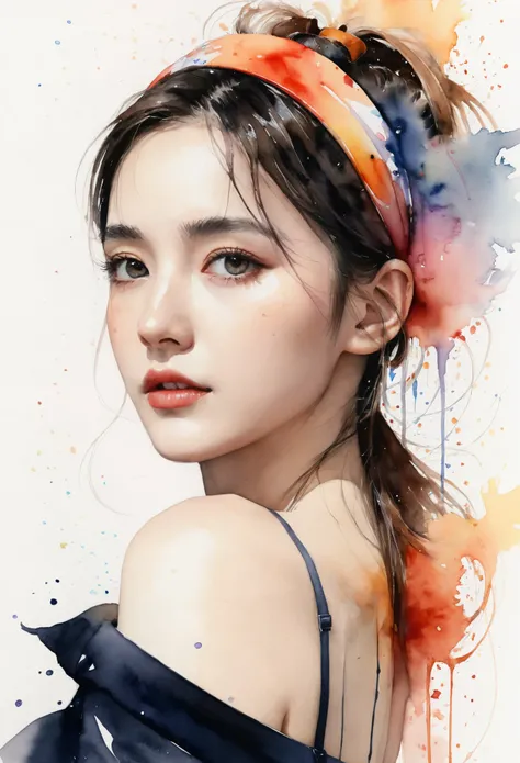 (8K, best quality, masterpiece:1.2),( best quality:1.0), ( Ultra High Resolution :1.0), watercolor, A beautiful woman , Shoulder, Hairband, by agnes cecile, Half-length portrait, Extremely bright and shiny design, Soft tones, (ink:1.3), autumn lighting,