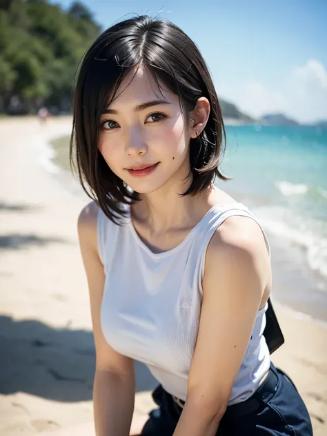  1 girl、top-quality、Realistic、solo、 faces with a depth of writing 、 Natural Soft Light、Daytime、 charming、 Beautiful Faces 、Cleanliness、Pure Face、white skinned、Cute、 short hair、Bans、 beach 、Sunshine、 nedium breasted body esbian 、(( beautiful face with golde...