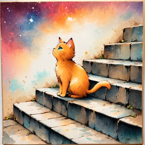  1 Kitten on the Stone Steps， traditional media,look up,(Kitten Details ） ,( solitary)