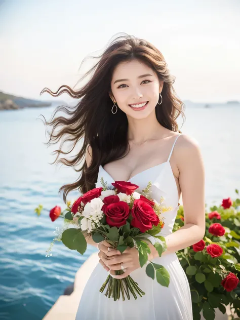 highest quality, 4K, Perfect Face, Perfect Style, Sunburn, beautiful, stylish appeal, Mature, long layer curly hair, Swept-back hair, in Greece, full body, giddy smile, have in a rose bouquet, pierce, white one piece, 