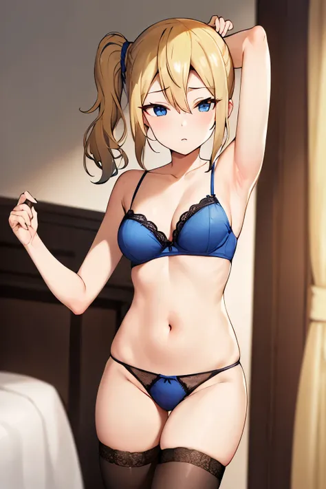 Wearing lingerie showing armpit,Blonde hair, blue eyes,  side ponytail , 