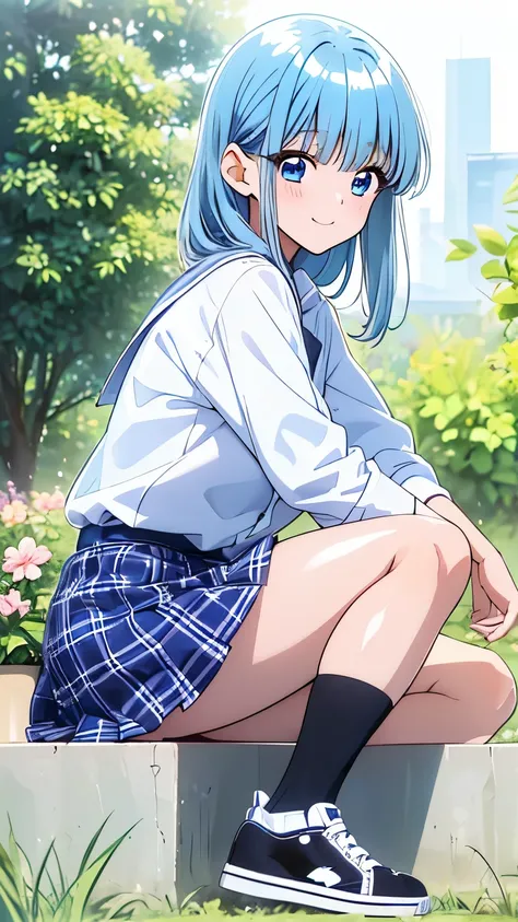 （ cute 18 year old girl:1.5）( semi-long:1.5）、（Light blue hair:1.5）、cute blue eyes 、Big Breasts、Leg length、blazers、（ plaid miniskirt :1.5）、socks、 sneakers、(Glossy-looking skin :1.5)、Hair fluttering、 beautiful feet、Good figure、（garden:1.5）、 Cute Poses、（ Fron...