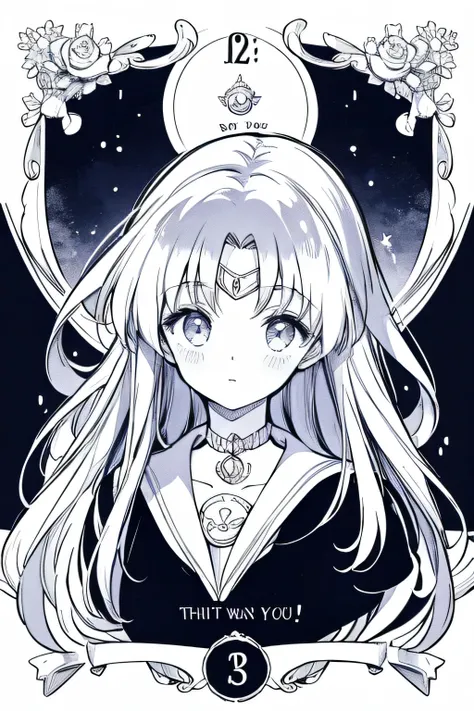 a sailor moon style card, in black and white,  of the coloring drawing style ,  let it be magic , castles and wizards .  and may...