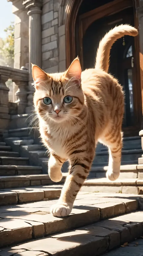 a cat jump off the stone steps, detailed glossy fur, bright eyes, feline grace, stone steps, detailed architecture, sunlight, wa...