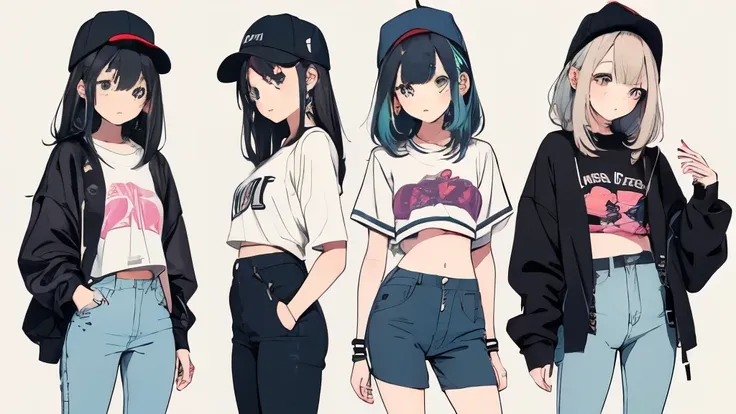 Separate illustrations of teenage girls dressed in trendy, modern fashion, drawn in a soft, anime-inspired style. Each girl has a unique look, with outfits that reflect popular styles like oversized hoodies, plaid skirts, high-waisted jeans, crop tops, and...