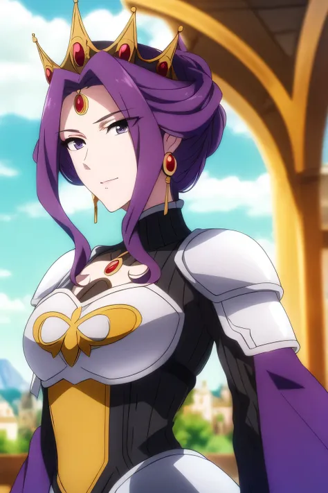 (Day:1.5),a castle with towers and towers on top of a hill with trees and clouds in the background and a blue sky,
Standing at attention,
purple and white outfit,armored dress,shoulder armor, armor,armored boots,
purple_hair, purple_eyes, jewelry, earring...