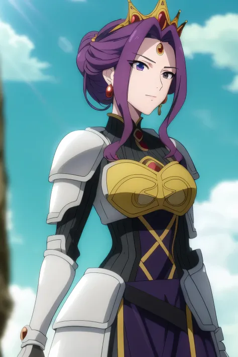 (Day:1.5),a castle with towers and towers on top of a hill with trees and clouds in the background and a blue sky,
Standing at attention,
purple and white outfit,armored dress,shoulder armor, armor,armored boots,
purple_hair, purple_eyes, jewelry, earring...