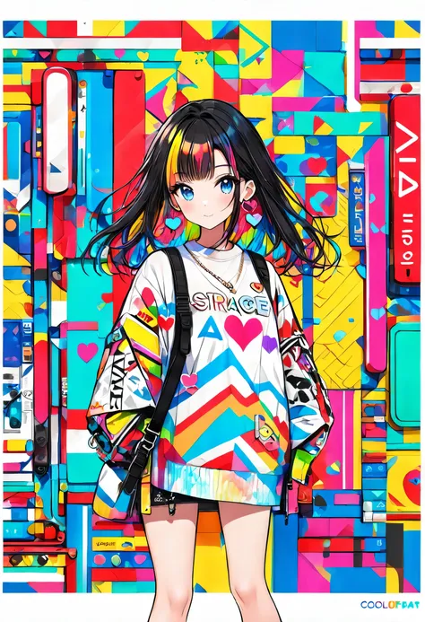 Ultra-realistic Issey Miyake style, Simple line acronym abstract art, Cute design, (((Background is colorful discarded))), Street Style, Cute chick, colorful hearts