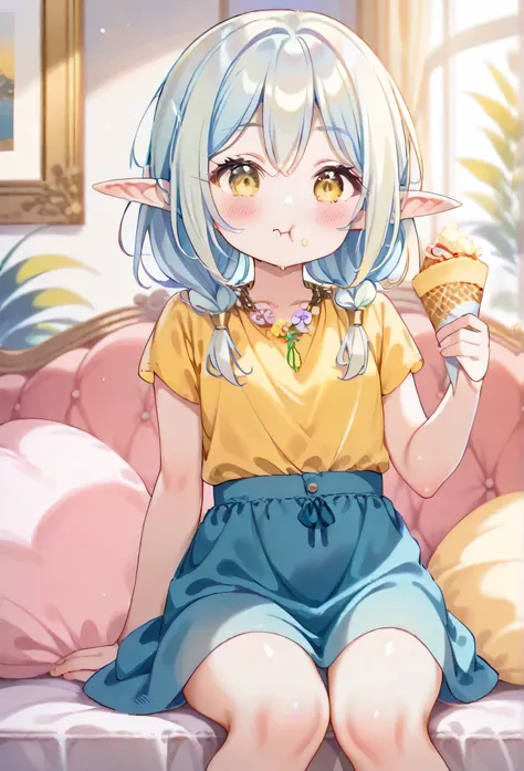 One girl, Female golden and blue skirt, noble casual dress, (((light blue hair))),((((fit body)))), ((teen girl)), (((small breast))), ((loli)),(((((elf girl))))), (((floral necklace)))((blushing)), (((((round soft golden yellow eyes))))), (pale skin), (((...