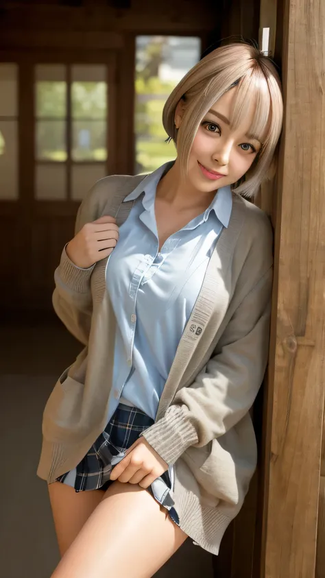 Fascinating Anime Girl, [ 4k digital art ] !!!! Ultra Realistic Painting, Highly Detailed Art, 8K High Definition Detail Art, Tanned Curvy Gal, (doll, thick lips:1.2), smiling, dress shirt, cardigan, side detail, pleated skirt, brown loafers, blond short h...