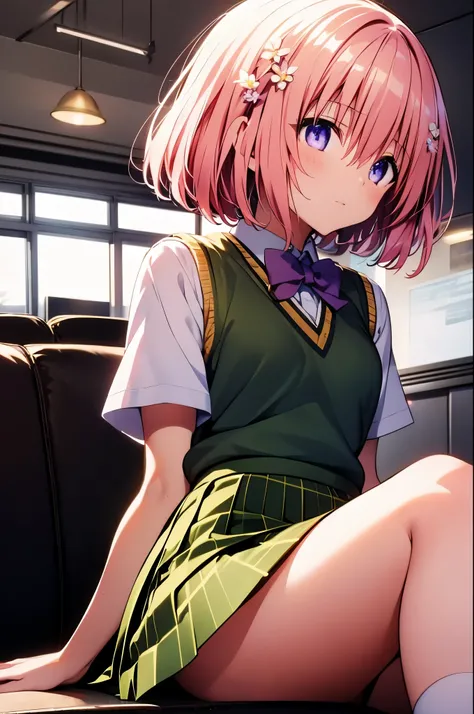  anime girl sitting at the table、1 girl with her hands on her chin , full body, looking back,  from behind ,From below, cute , Pink Hair,  short hair,  shiny hair , Flower Hair Ornaments, Pale green eyes, ,  small breasts ,  school uniform , blazers ,( Pan...